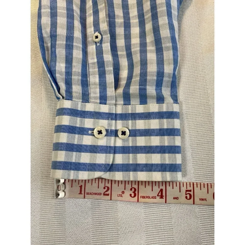 PETER MILLAR Cotton & Linen Blue Plaid Long Sleeve Casual Shirt XL EUC